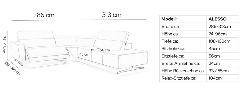Leder Ecksofa ALESSO – Maßskizze