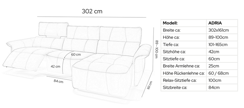 Leder Ecksofa ADRIA – Maßskizze