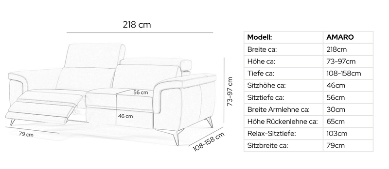 Leder 3-Sitzer AMARO – Maßskizze