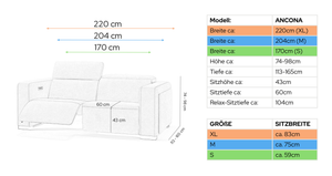 Leder 2-Sitzer Sofa ANCONA – Maßskizze