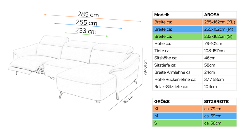 Leder Ecksofa AROSA – Maßskizze