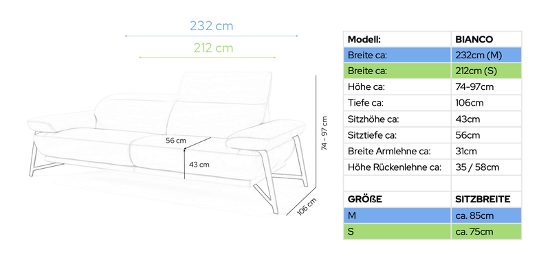 Leder 3-Sitzer Sofa BIANCO – Maßskizze