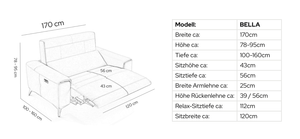 Stoff 2-Sitzer Sofa Mini BELLA – Maßskizze