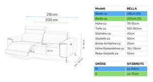 Stoff 3-Sitzer Sofa BELLA – Maßskizze