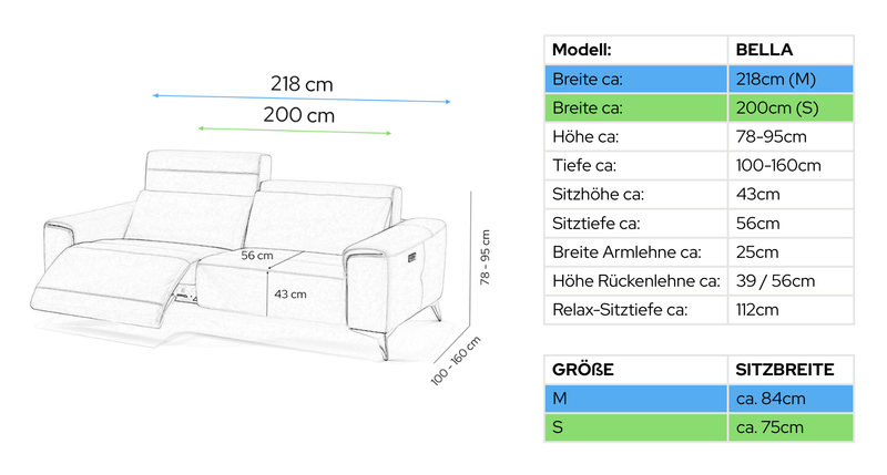 Stoff 3-Sitzer Sofa BELLA – Maßskizze