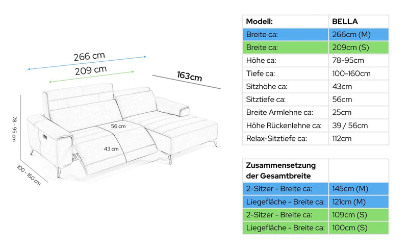 Stoff Ecksofa Mini BELLA – Maßskizze