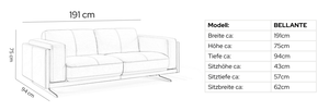 Stoff 2-Sitzer Sofa BELLANTE – Maßskizze
