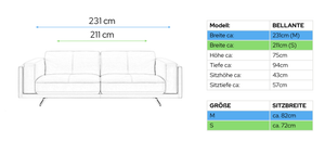 Stoff 3-Sitzer Sofa BELLANTE – Maßskizze