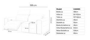 Leder 2-Sitzer CANNES – Maßskizze
