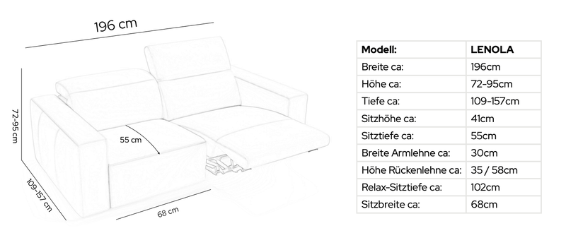 Leder 2-Sitzer LENOLA – Maßskizze