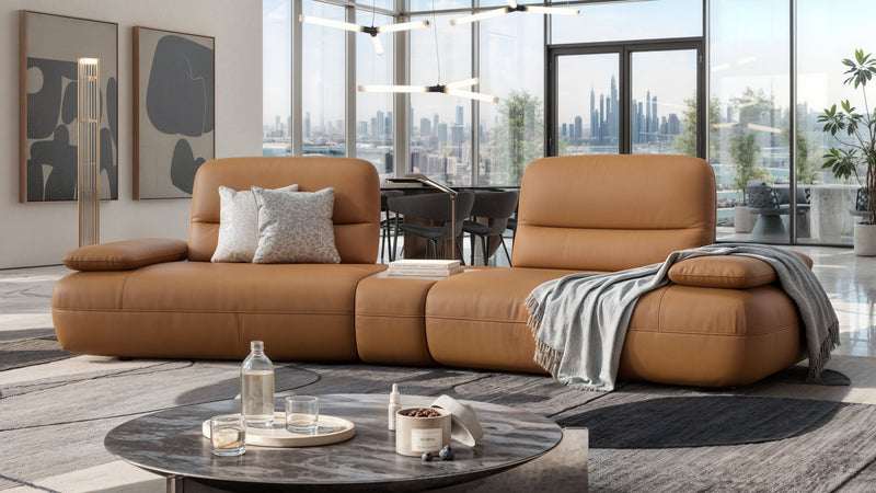 Design Couch mit Leder-Bezug und Mittelkonsole und LED-Licht