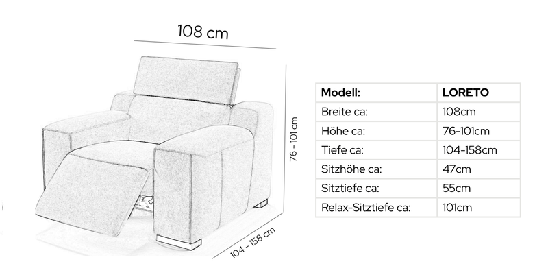 Leder Relaxsessel LORETO – Maßskizze