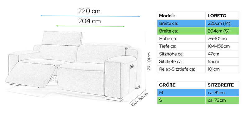 Leder 3-Sitzer Sofa LORETO – Maßskizze