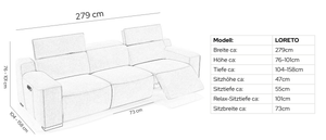 Leder 3-Sitzer Sofa XXL LORETO – Maßskizze
