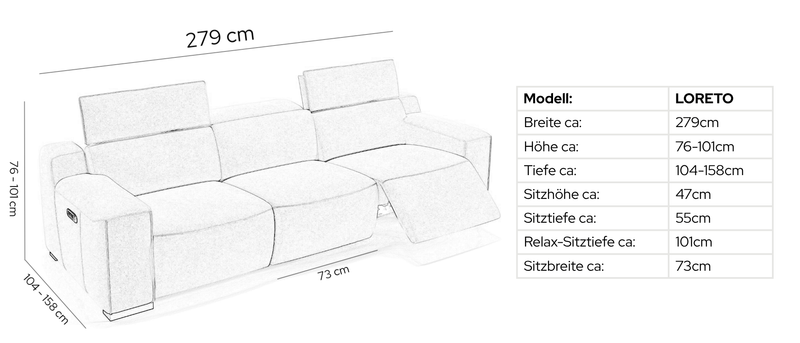 Leder 3-Sitzer Sofa XXL LORETO – Maßskizze