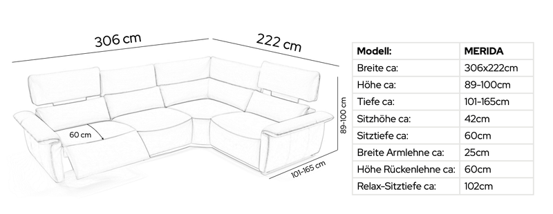 Leder Eckgarnitur MERIDA – Maßskizze