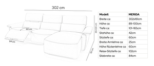 Leder Ecksofa MERIDA – Maßskizze