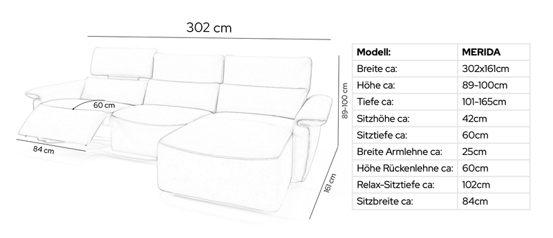 Leder Ecksofa MERIDA – Maßskizze