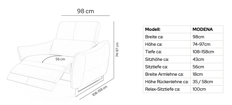 Stoff 1-Sitzer MODENA – Maßskizze