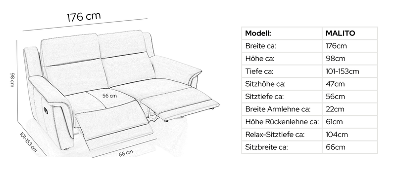 Stoff 2-Sitzer MALITO – Maßskizze