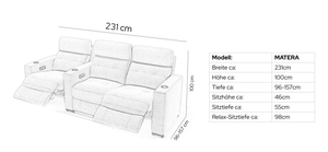 Leder 3-Sitzer Kinosofa mit einer Mittelkonsole MATERA – Maßskizze