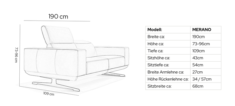 Stoff 2-Sitzer Sofa MERANO – Maßskizze