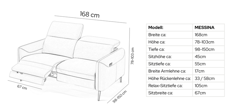 Leder 2-Sitzer MESSINA – Maßskizze