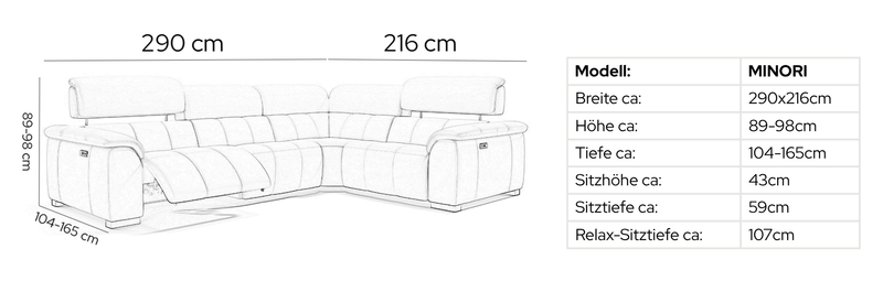 Stoff Wohnlandschaft MINORI – Maßskizze