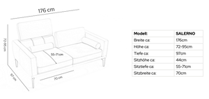 Leder 2-Sitzer Sofa SALERNO – Maßskizze
