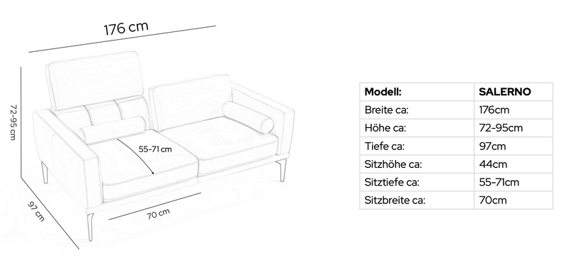 Leder 2-Sitzer Sofa SALERNO – Maßskizze