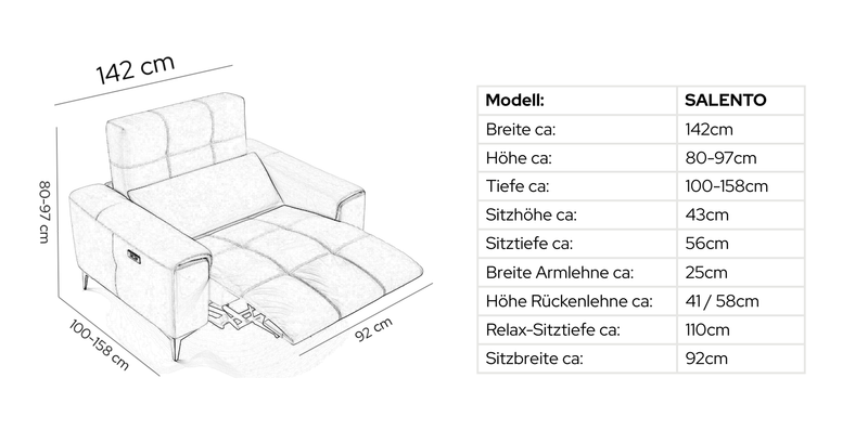 Stoff 2-Sitzer Sofa Mini SALENTO – Maßskizze