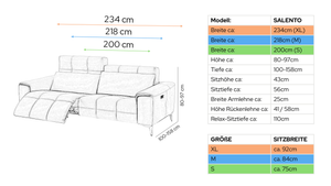 Stoff 3-Sitzer Sofa SALENTO – Maßskizze