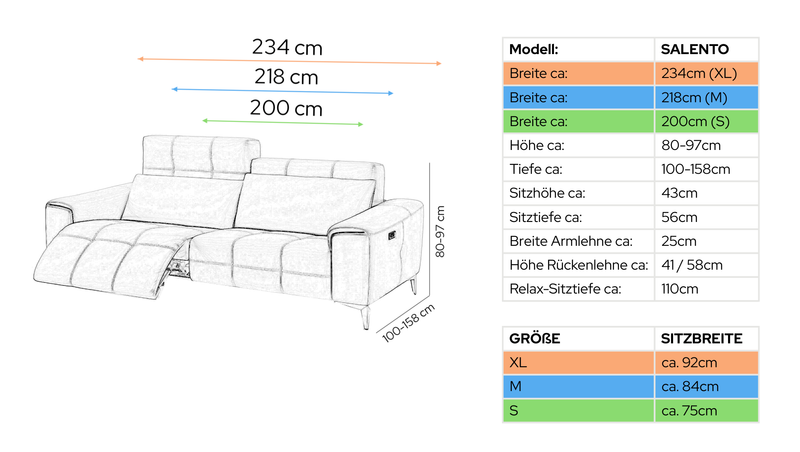 Stoff 3-Sitzer Sofa SALENTO – Maßskizze