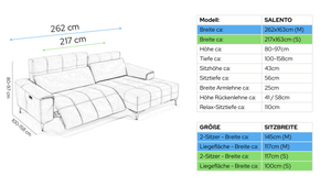 Stoff Ecksofa Mini SALENTO – Maßskizze