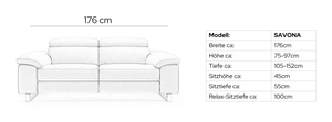 Leder 2-Sitzer Sofa SAVONA – Maßskizze