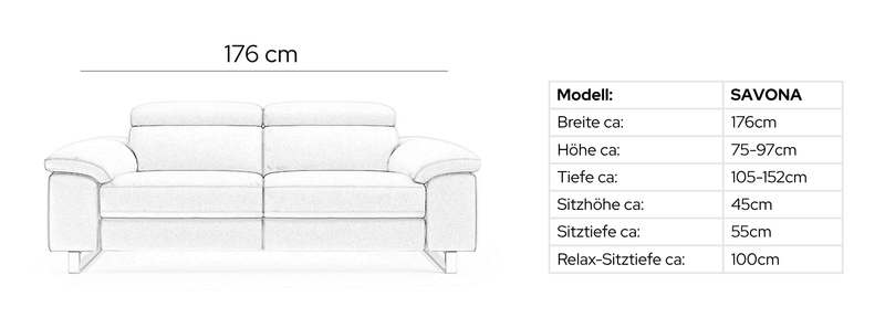 Leder 2-Sitzer Sofa SAVONA – Maßskizze