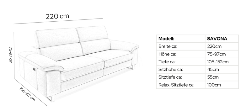 Leder 3-Sitzer Sofa SAVONA – Maßskizze