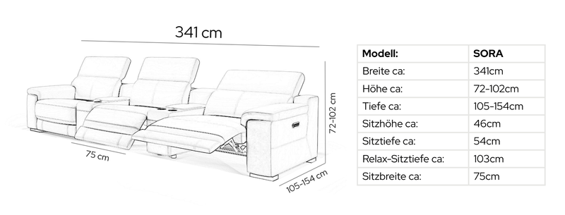Leder 3-Sitzer Kinosofa mit zwei Mittelkonsolen SORA – Maßskizze