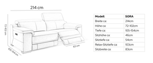 Leder 3-Sitzer Sofa SORA – Maßskizze
