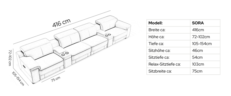 Leder 4-Sitzer Kinosofa mit zwei Mittelkonsolen SORA – Maßskizze