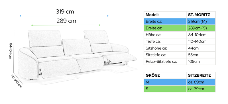 Stoff 3-Sitzer XXL ST. MORITZ – Maßskizze